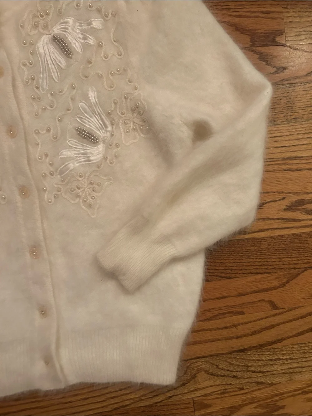 Women’s Soft Cream Beaded Angora Blend Retro Inspired Grandmacore Cardigan